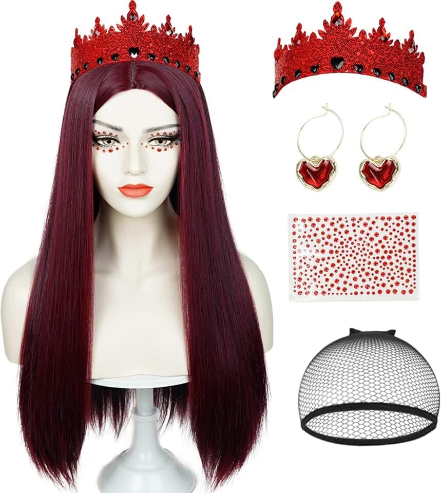 Red Heart Wig and Crown Earrings Rhinestone Accessories for Women Adult, Long Straight Dark Red