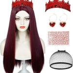 Red Heart Wig and Crown Earrings Rhinestone Accessories for Women Adult, Long Straight Dark Red