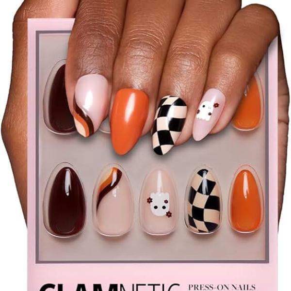 Glamnetic Press On Nails - Fall Boo | Multicolor Halloween Graphic Short Almond False Nails,