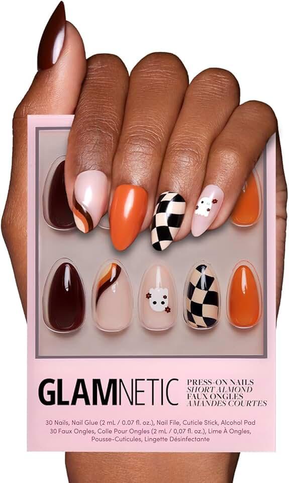 Glamnetic Press On Nails - Fall Boo | Multicolor Halloween Graphic Short Almond False Nails,