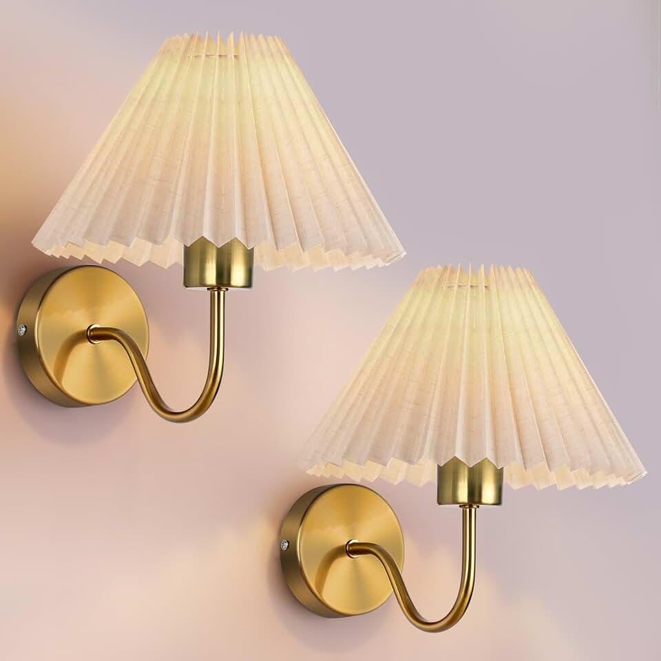 Gold Wall Sconces Sets of 2, Indoor Wall Light Fixtures with Fabric Lampshade, Pleated Fabric Wall