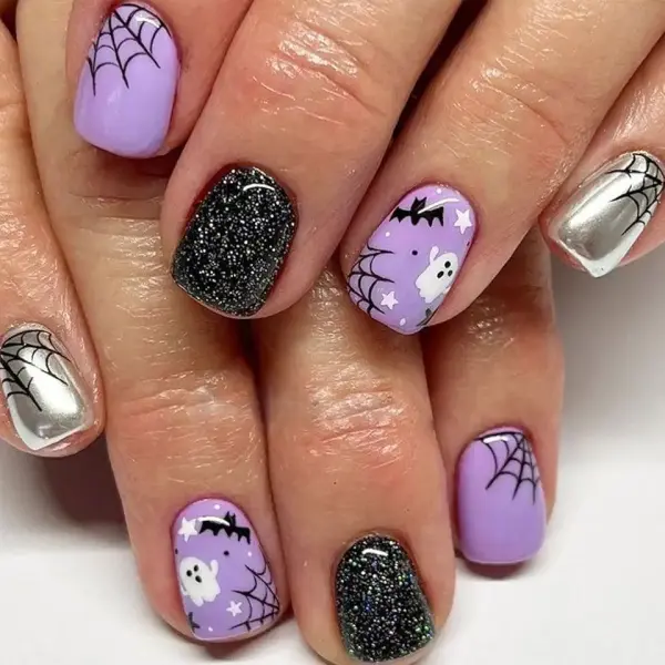 Halloween Press on Nails Short Square Fake Nails Purple False Nails with Bat Spider Web Ghost