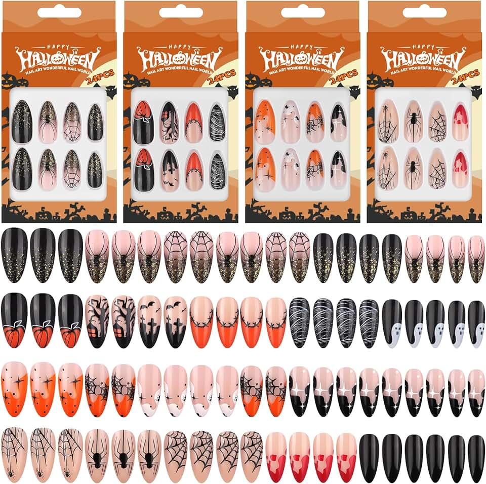 96PCS Halloween Press on Nails, EBANKU Almond False Nails Ghost Face Skull Full Cover Acrylic Nails