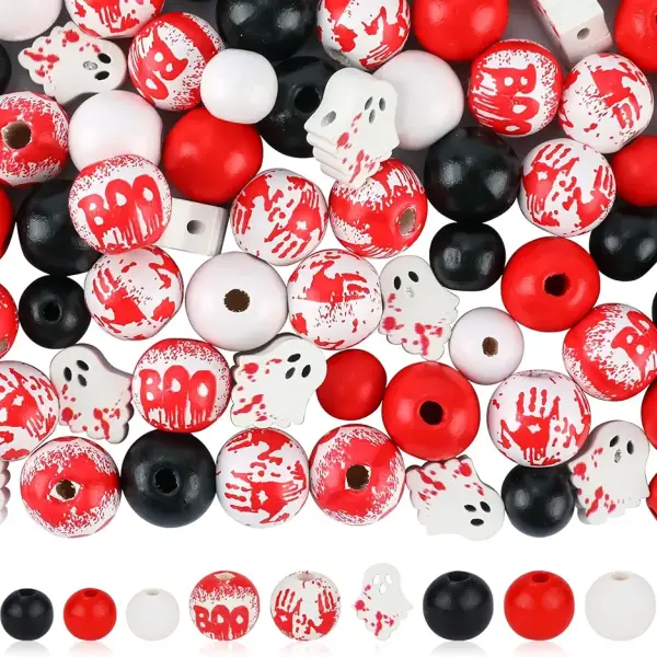 192Pcs Halloween Beads Red Black White Wood Beads Blood Splash Ghost Boo Clings Bloody Handprints