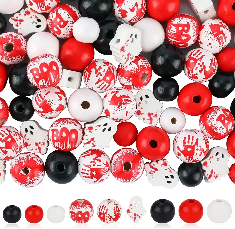 192Pcs Halloween Beads Red Black White Wood Beads Blood Splash Ghost Boo Clings Bloody Handprints