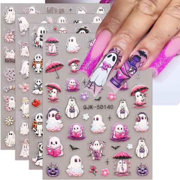 JMEOWIO 3D Embossed Halloween Nail Art Stickers Decals Self-Adhesive 5D Cute Ghost Pink Flower Nail