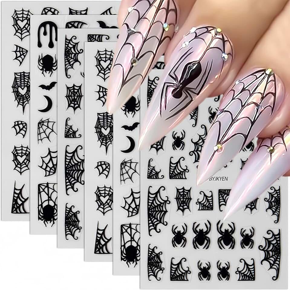 8 Sheets Spider Nail Art Stickers, Halloween Nail Decals 3D Self-Adhesive Black White Spider Web