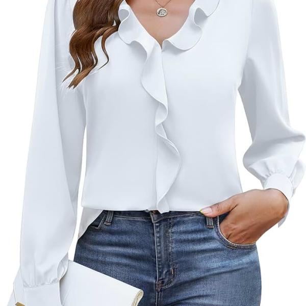 Blooming Jelly Womens Dressy Casual Blouse Business Long Sleeve Tops Ruffle V Neck Work Shirt Fall Outfit 2024