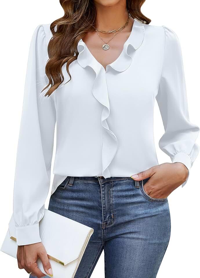 Blooming Jelly Womens Dressy Casual Blouse Business Long Sleeve Tops Ruffle V Neck Work Shirt Fall Outfit 2024