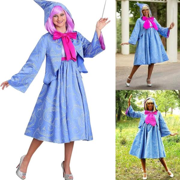 Halloween Fairy Godmother Costume for Women Adult Fairy Costume Blue Hooded Cape Bow Dress Set