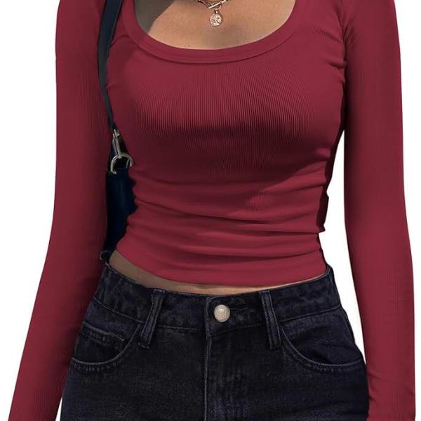 Zeagoo Women's Long Sleeve Scoop Neck Shirts Casual Slim Fit Rib Knit Tops Summer Fall Basic Business Work Tee