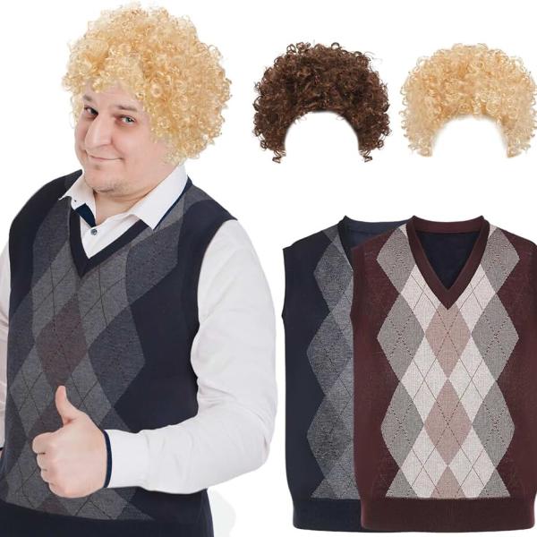 2 Pieces Halloween Cosplay Costumes Set Afro Fluffy Wigs and Pullover Knitwear Vests Curly Wigs