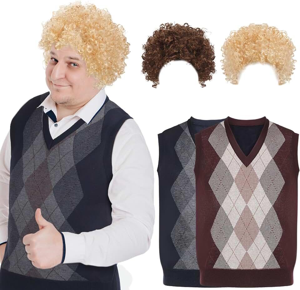 2 Pieces Halloween Cosplay Costumes Set Afro Fluffy Wigs and Pullover Knitwear Vests Curly Wigs