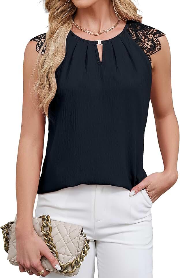 Blooming Jelly Women's Dressy Casual Blouses Business Work Outfits Summer Sleeveless Tank Top Lace Sleeve Keyhole Shirts