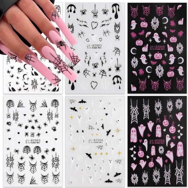 Halloween Nail Art Stickers 6 Sheets 3D Self-Adhesive Halloween Pumpkin Spider Web Bleeding Wound