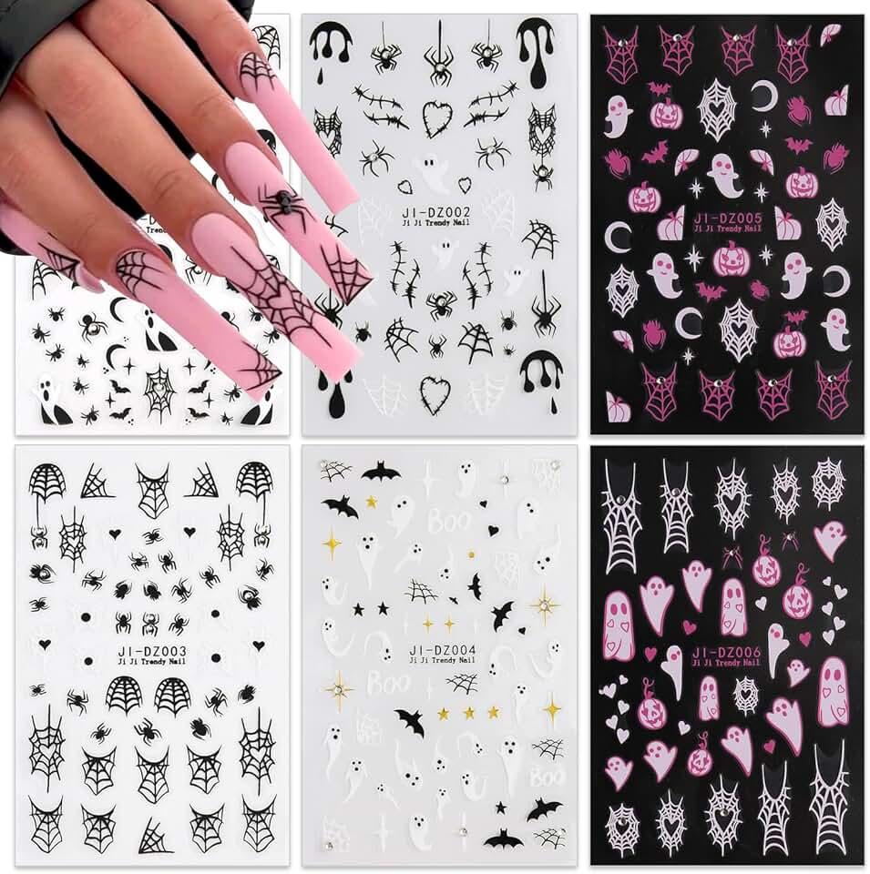 Halloween Nail Art Stickers 6 Sheets 3D Self-Adhesive Halloween Pumpkin Spider Web Bleeding Wound