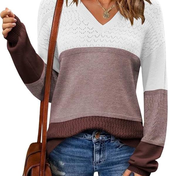 Zeagoo Womens 2024 Fall Sweaters Casual Long Sleeve Ribbed Knit Pullover V Neck Lightweight Crochet Pullover Sweater Top