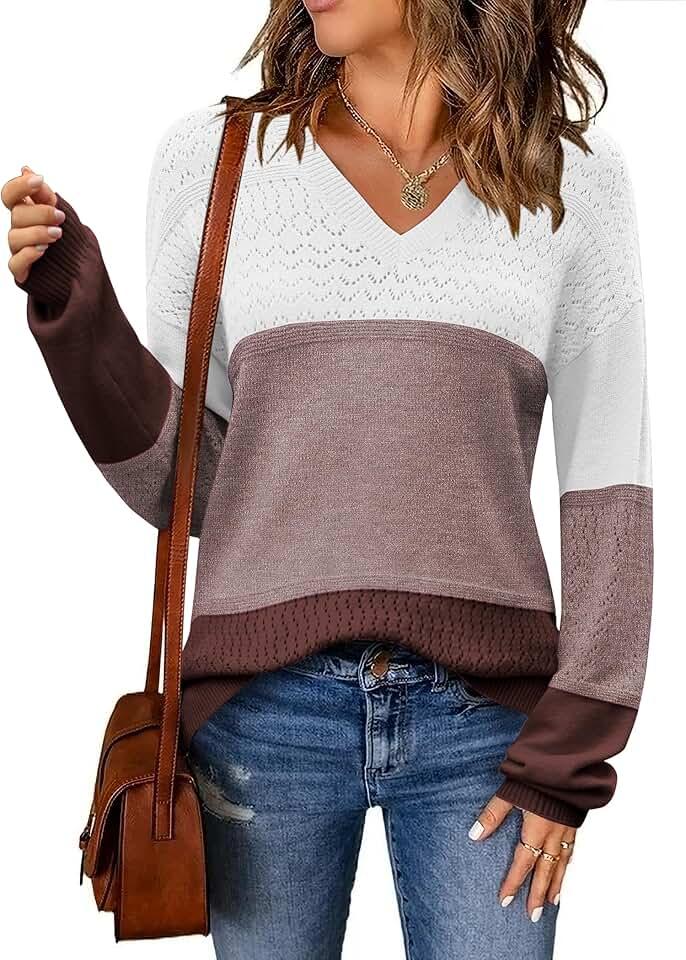 Zeagoo Womens 2024 Fall Sweaters Casual Long Sleeve Ribbed Knit Pullover V Neck Lightweight Crochet Pullover Sweater Top