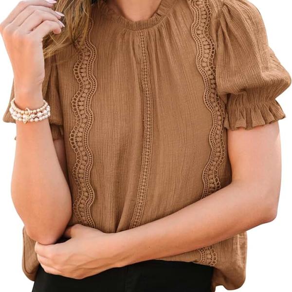 PRETTYGARDEN Puff Sleeve Tops 2024 Summer Dressy Casual Blouse Mock Neck Business Western Shirts Professional Office Clothes