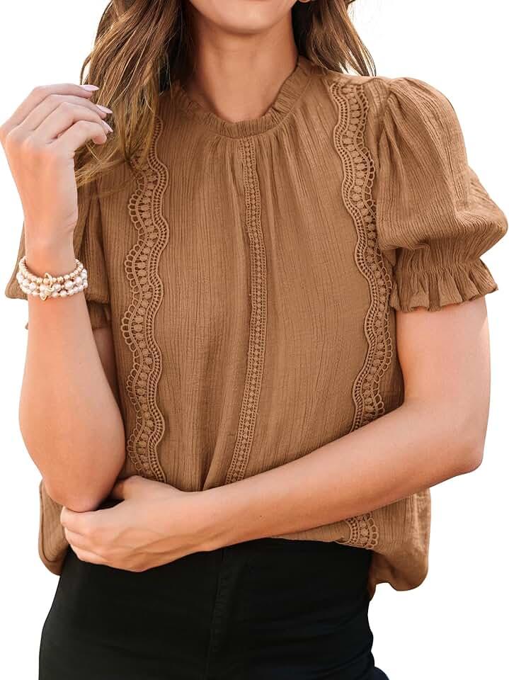 PRETTYGARDEN Puff Sleeve Tops 2024 Summer Dressy Casual Blouse Mock Neck Business Western Shirts Professional Office Clothes