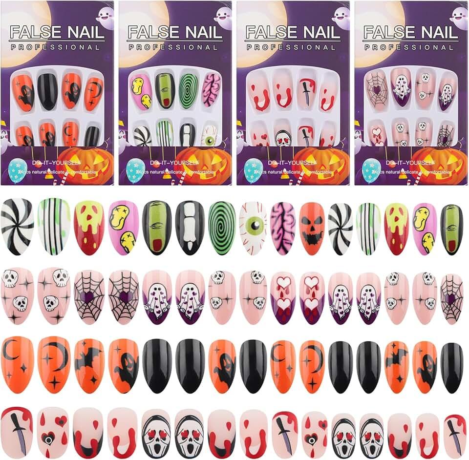 96PCS Halloween Press on Nails Medium, EBANKU Almond Fake Nails Ghost Green Eyes False Nails Blood