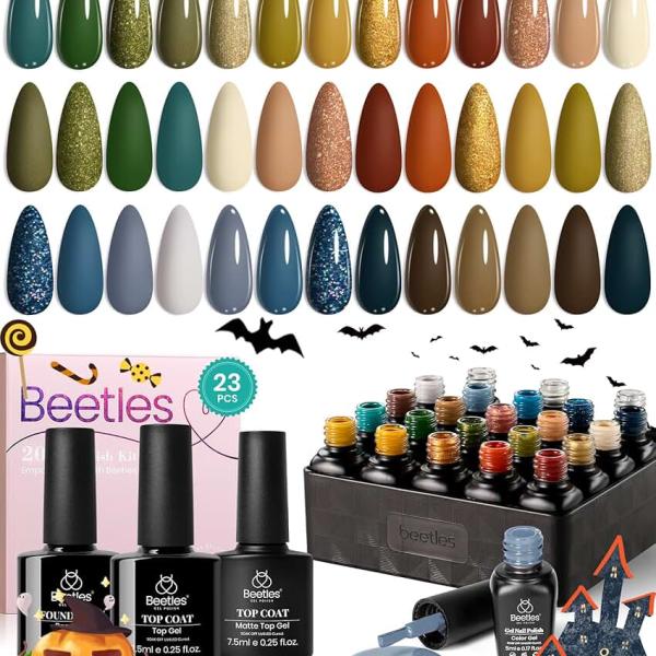 Beetles 23Pcs Fall Gel Nail Polish Kit Halloween Green Blue Orange Gel Nail Polish Set with Base