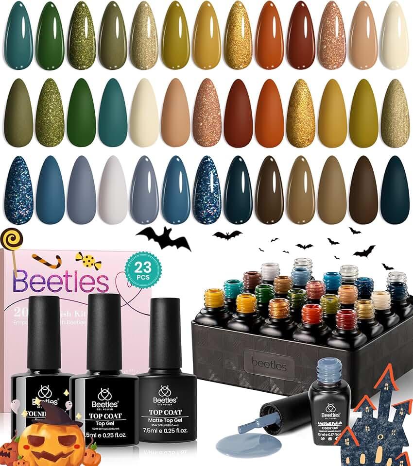 Beetles 23Pcs Fall Gel Nail Polish Kit Halloween Green Blue Orange Gel Nail Polish Set with Base