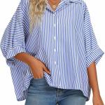 Vrtige Women's Casual Stripe Button Down Collar V Neck Half Sleeve Loose Blouse Shirt Top