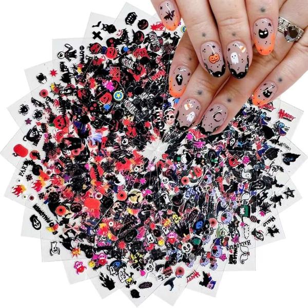 24 Sheets Halloween Nail Stickers Pumpkin Ghost Face Nail Decals 3D Self-Adhesive Nail Supplies