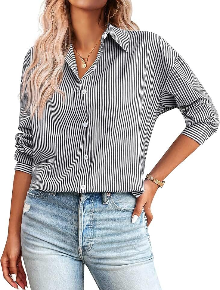 Zeagoo Striped Button Down Shirts for Women Casual Loose Long Sleeve Shirts Business Work Tunic Top