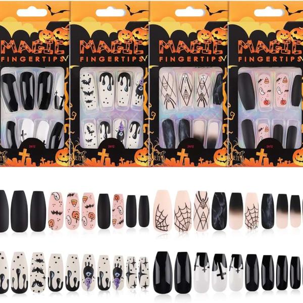 96PCS Halloween False Nails, Lorvain Halloween Artificial Nails Acrylic Full Cover Nails Fake Long