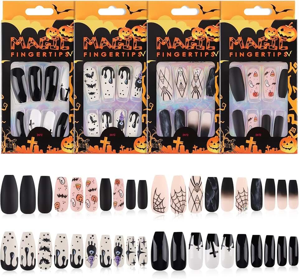 96PCS Halloween False Nails, Lorvain Halloween Artificial Nails Acrylic Full Cover Nails Fake Long