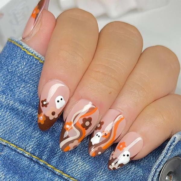 Halloween Press on Nails Medium Almond Fake Nails Brown French Tip False Nails with Flower Designs