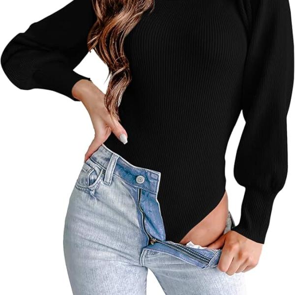 MASCOMODA Long Puff Sleeve Sweaters for Women 2024 Fall Winter Crewneck Knit Ribbed Bodysuit Pullover Tops