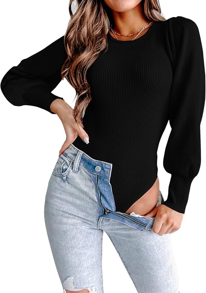 MASCOMODA Long Puff Sleeve Sweaters for Women 2024 Fall Winter Crewneck Knit Ribbed Bodysuit Pullover Tops