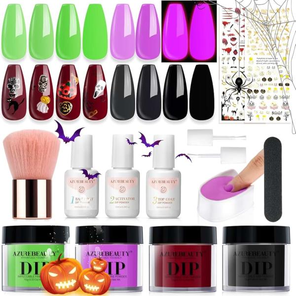 AZUREBEAUTY Halloween Dip Powder Nail Kit Starter Black Green Noctilucent Purple Red add 3D Nails