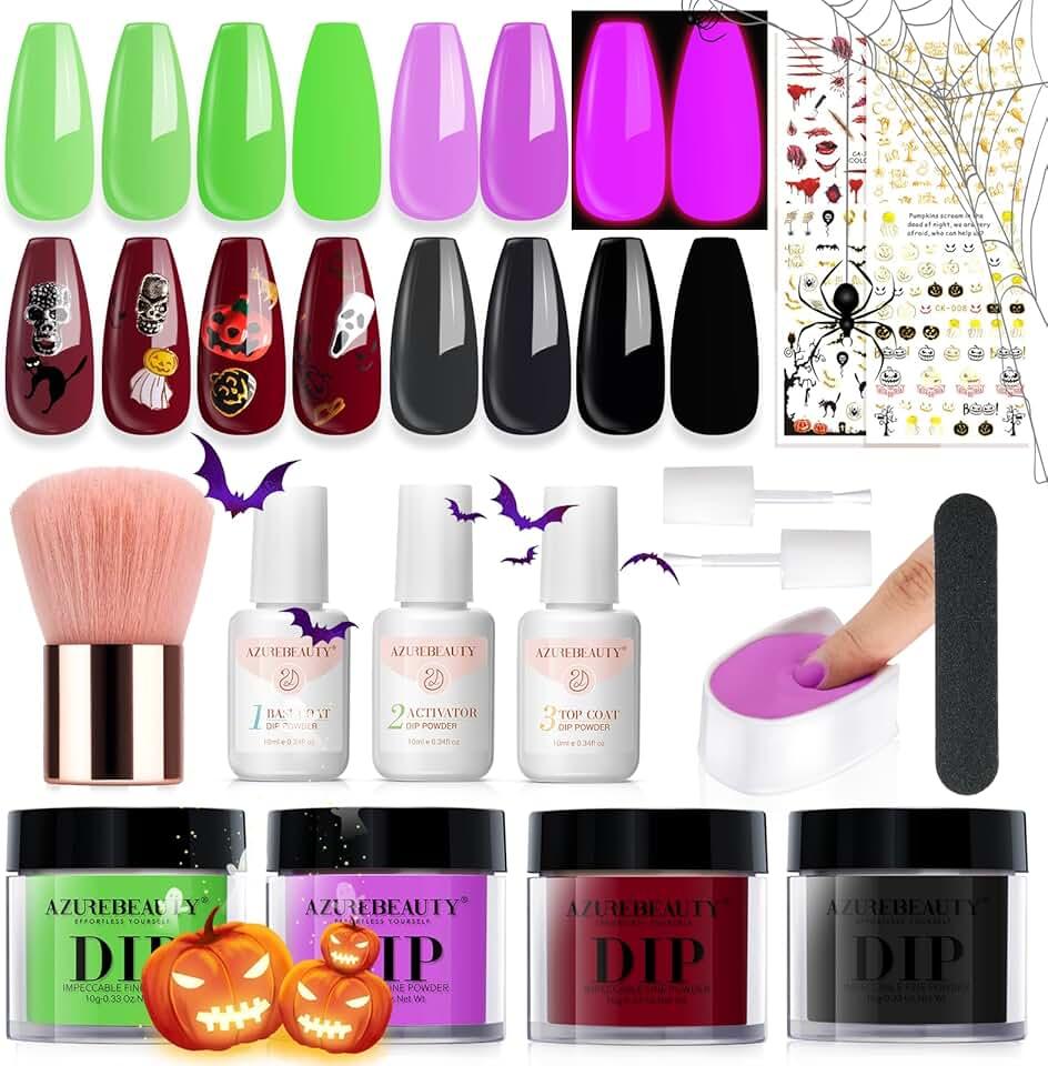 AZUREBEAUTY Halloween Dip Powder Nail Kit Starter Black Green Noctilucent Purple Red add 3D Nails