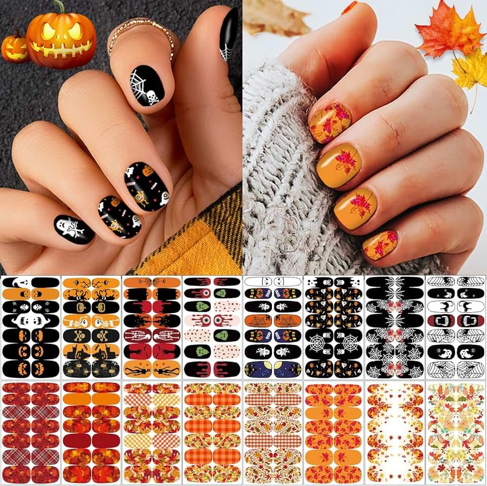 16 Sheets Holiday Nail Wraps Stickers, Halloween&Thanksgiving Day All Seasonal Full Nail Polish