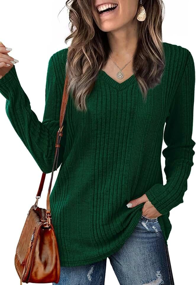 Saloogoe Womens Long Sleeve Tops V Neck Shirts Lightweight Tunic Sweaters Fashion 2024