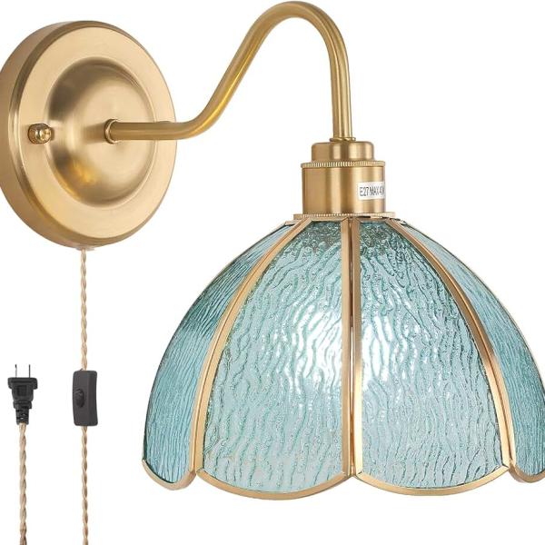 Vintage Wall Sconce, Wall Lamps with Blue Stone Sconce, Stained Glass Shade Brass Wall Lights