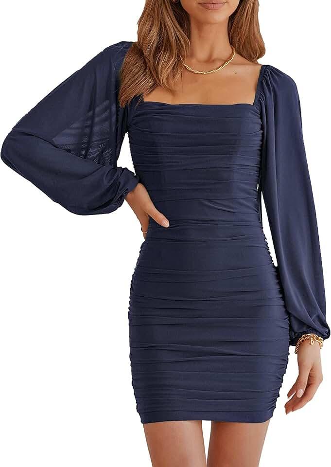 Women Elegant Square Neck Lantern Long Sleeve Mini Ruched Bodycon Dress Stretch Mesh Slim Party Cocktail Dresses