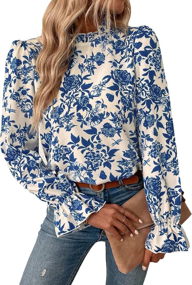 MakeMeChic Women's Floral Print Long Sleeve Ruffle High Neck Blouse Shirt Top