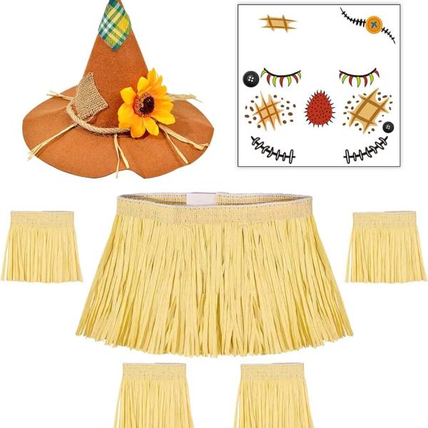 Scarecrow Costume Adult Women, Scarecrow Hat Headband Neck Piece Wrist Leg Ties Face Decals Makeup,