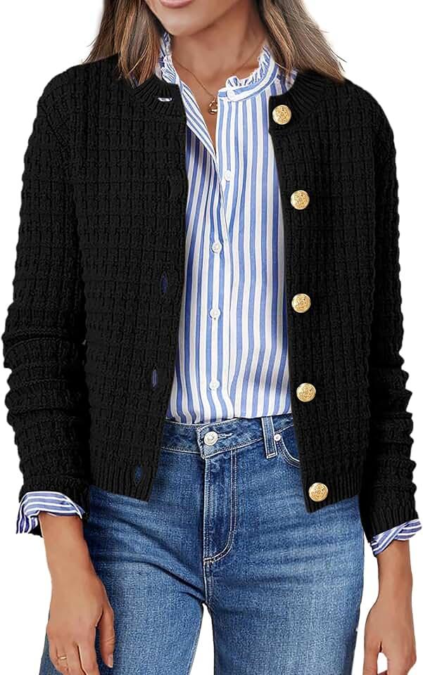 Zeagoo Women's 2024 Cardigan Sweaters Button Down Crew Neck Open Front Long Sleeve Knit Cropped Jackets