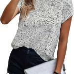 PRETTYGARDEN Women's Shirts Summer Casual Crewneck Lace Crochet Short Sleeve Blouses Cute Floral Print Loose Tunic Tops