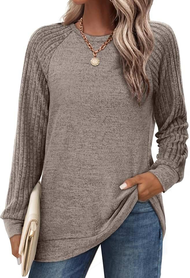 Saloogoe Tunic Sweatshirts for Women Crewneck Lightweight Sweaters Raglan Long Sleeve Shirts Fall Fashion Tops 2024