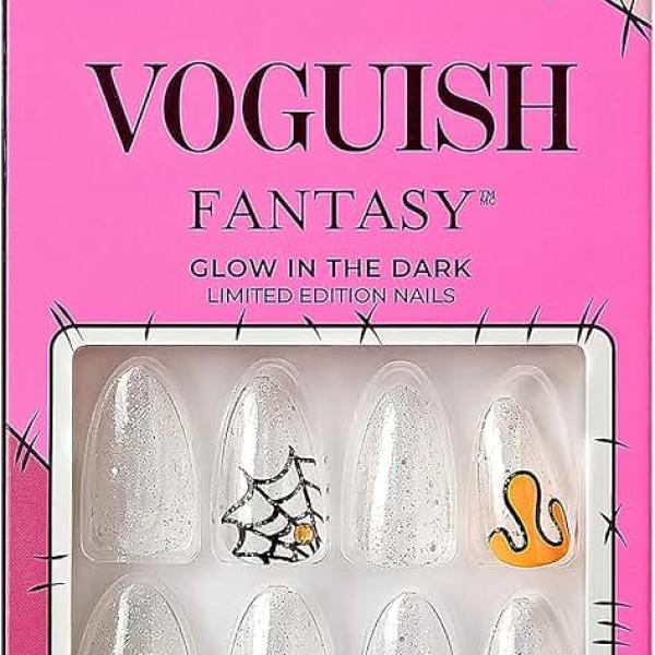 KISS Voguish Fantasy Halloween Nails, Black, Medium Length, Almond Shape, Pink Gel Nail Glue (2g),