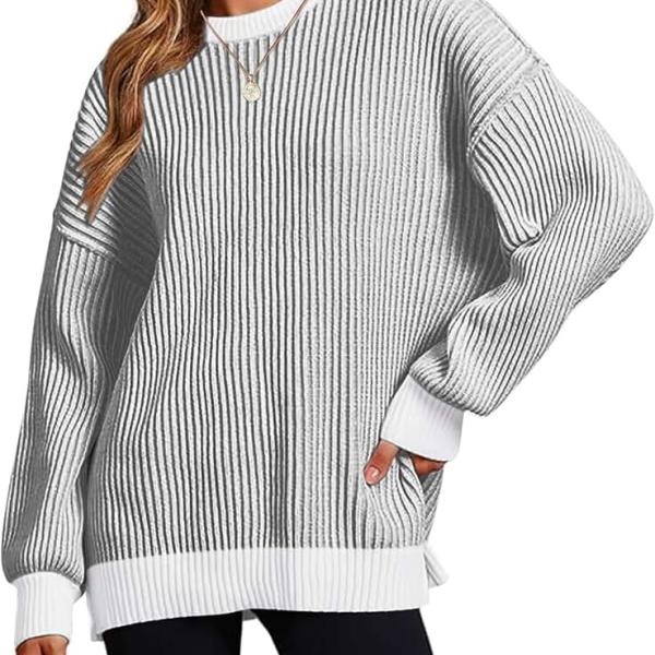 Zeagoo Women 2024 Fall Sweater Crew Neck Casual Long Sleeve Color Block Loose Pullover Rib Knit Blouse Tops XS-2XL