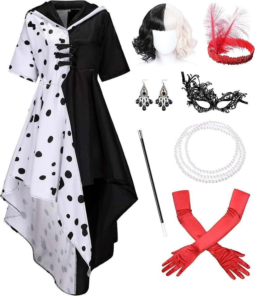 Women's Dalmatian Black and White Costume Dress with Wig Gloves Accessories Party Outfit