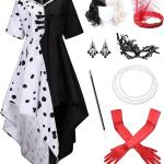 Women's Dalmatian Black and White Costume Dress with Wig Gloves Accessories Party Outfit